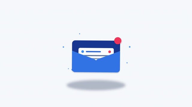 Animated incoming email notification, open blue envelope with digital message and red alert dot, motion graphic