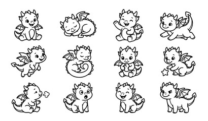 Obraz premium Cute Baby Dragon Line Art Collection – Adorable Fantasy Character Illustrations
