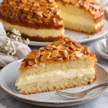 German Bee Sting Cake with honey almond topping, slice of Bienenstich cake with vanilla cream filling, traditional almond pastry dessert