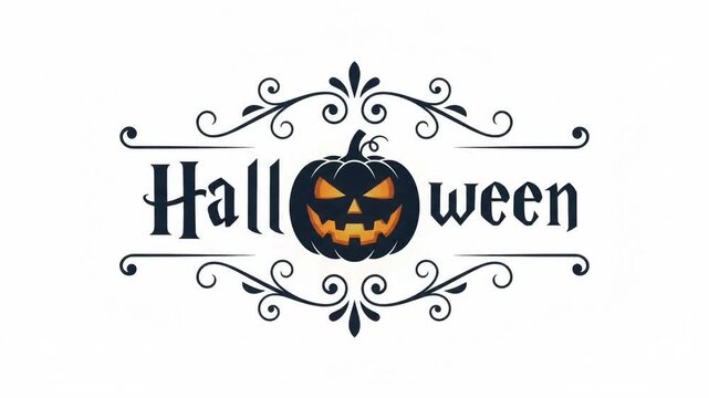 Ornamental vintage flourishes frame a bold Halloween typographic title featuring a glowing jack-o'-lantern embedded in the lettering on a clean white background in this animated motion graphic loop.
