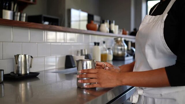 Hovering, grasping, woman at cafe counter wearing white apron steadying milk pitcher
