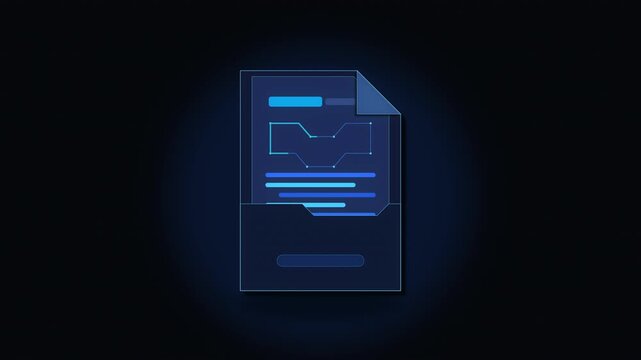 Digital document with glowing blue data lines and text on dark background, technology concept