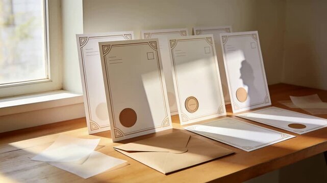 Sliding left window light sweeping desk four certs showing silhouette, envelope and papers still