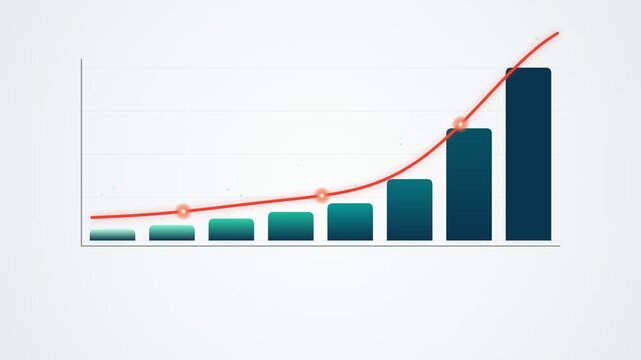 Bar chart growing with an exponential curve trend line representing financial progress and data analytics