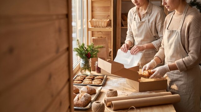 Two women bakers packaging freshly baked bread and pastries for delivery in a rustic kitchen setting.