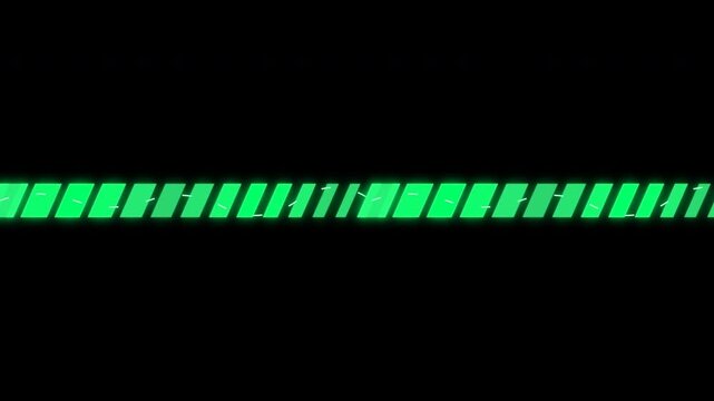 Animated horizontal green electrical decal bar with flickering sparks and glowing segments isolated on black background