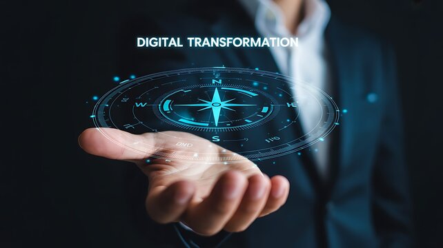 Business Professional Holding Digital Compass Interface for Digital Transformation Strategy Innovation and Technology