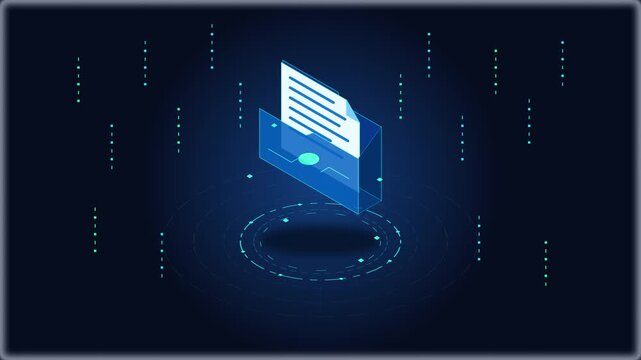 Digital data folder with document, glowing particles, and abstract network grid, technology concept.