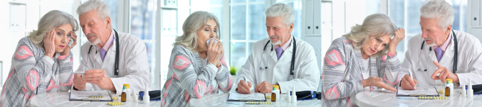 Senior woman with doctor in clinic, health consultation and medication guidance