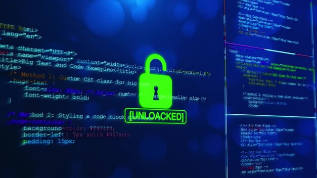 Futuristic open lock glows source code displays, authorized security weakness. software development, data privacy, cyberattack news, penetration testing, open systems, network threats, digital freedom