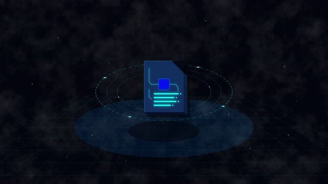 digital document data processing loop, abstract technology background with glowing document icon and particles