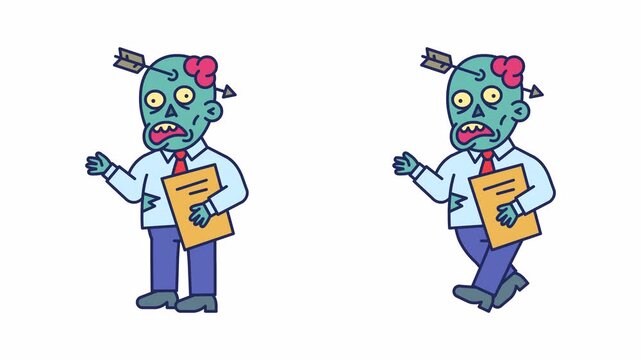 Businessman zombie holds folder waves his hand and walks. Transparent background