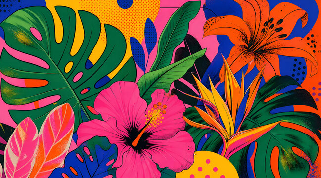 Tropical leaves and exotic flowers in colorful pop art