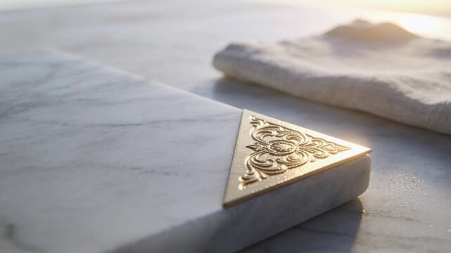 Camera pushing in, marble slab revealing brass corner to focus engraved detail on marble countertop