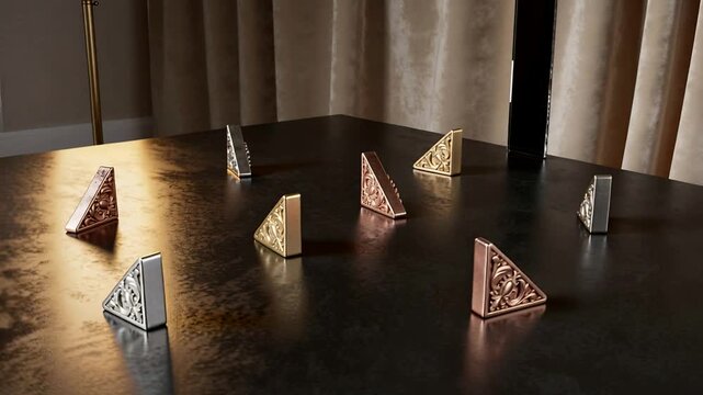 Shifting ornate metal wedges rotating, tipping and settling on dark tabletop after slight tilt
