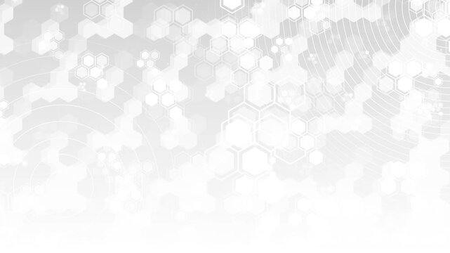 Elegant white and silver hexagons network for medicine, genetics, telehealth, molecular research, healthcare branding, academic presentations, insurance advertising clean energy, technology explainers