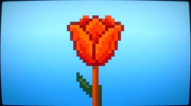 A pixel art style illustration of a single red tulip flower against a blue background