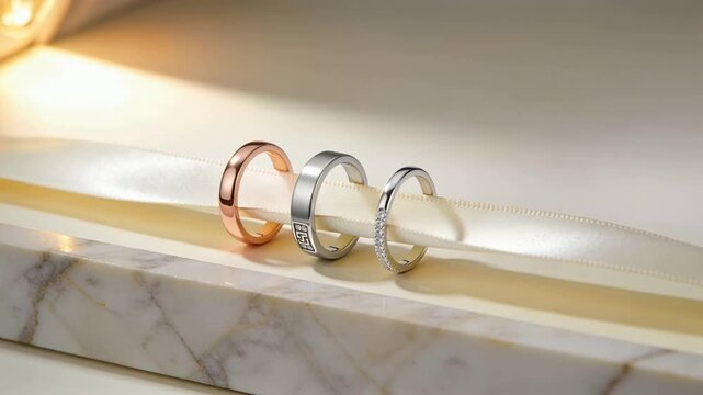 Sweeping warm light moving three rings on cream ribbon above marble slab, showing pave sparkle
