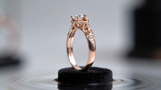Rotating rose-gold engagement ring showcasing filigree on black cushion over studio tabletop pool