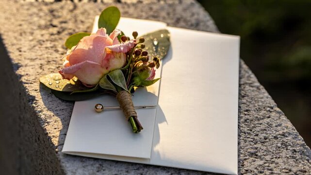 Shifting camera focusing on boutonniere on white envelope on stone ledge, emphasizing floral detail