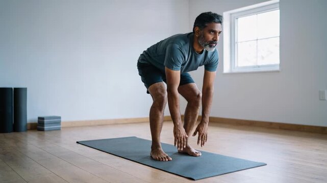 Starting, man in tee lowering into squat on mat in studio, with stacked props, preparing rep