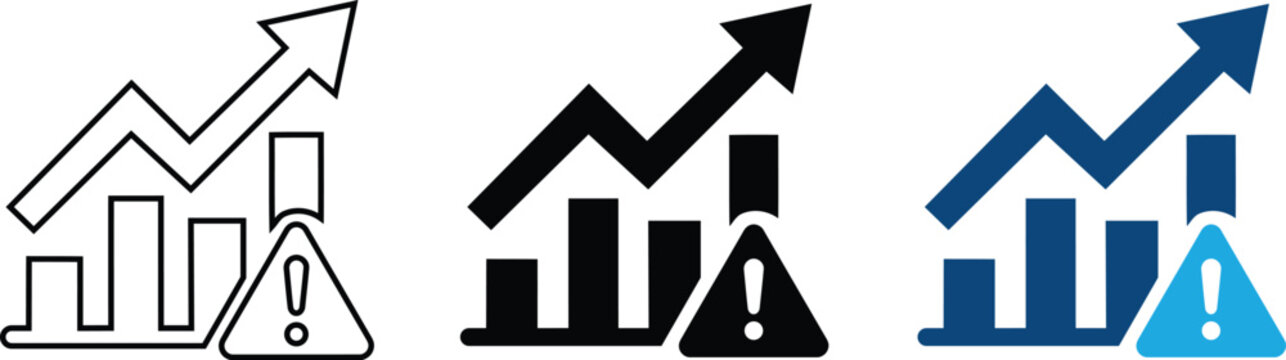 Rising growth bar chart with warning alert icon set Vector