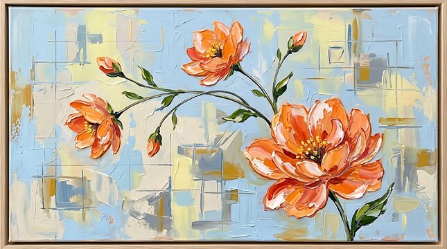 Abstract oil painting featuring orange flowers on a light blue textured background framed in a wooden frame