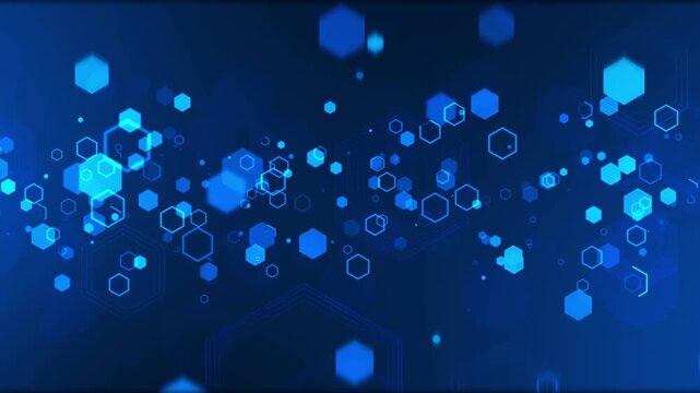 Dynamic hexagonal shapes move circuit environment. blockchain technology, digital transformation, machine learning, global , network security, financial innovation, software launches, tech branding.
