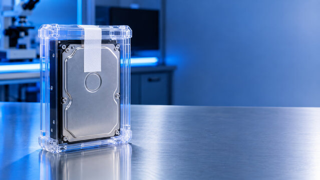 Hard disk drive in transparent protective case on metal table, blue laboratory lighting creating secure digital evidence preservation scene for cyber incident analysis