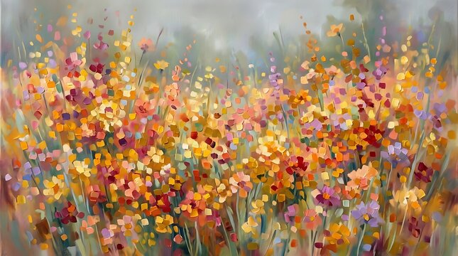 Abstract oil painting of a vibrant field with colorful wildflowers in a soft impressionist art style