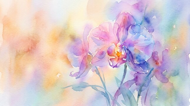 Beautiful hand painted watercolor illustration of purple orchid flowers on a soft pastel background
