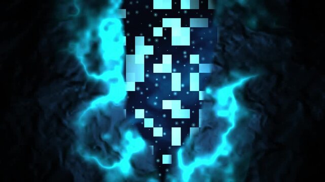 Abstract blue pixel portal animation with glowing smoke energy motion loop