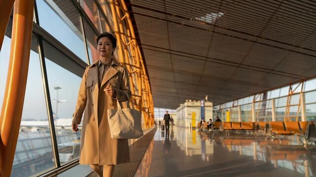 Walking woman in beige trench toward gate at terminal concourse, carrying tote and viewing airplane