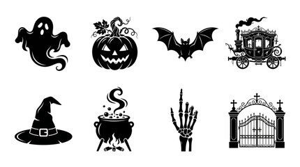 Fototapeta premium Halloween Icon Set: Ghost, Pumpkin, Bat, Haunted House, editable eps