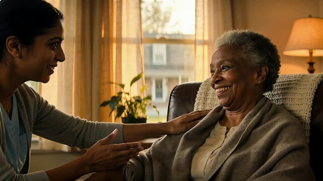 Approaching caregiver in scrubs speaking at home, comforting senior smiling in armchair with shawl