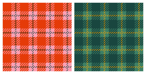 Obraz premium Abstract modern seamless classic Christmas plaid patterns set, traditional multicolored festive geometric tartan backgrounds in red and green colors, simple vector illustration in a flat style.