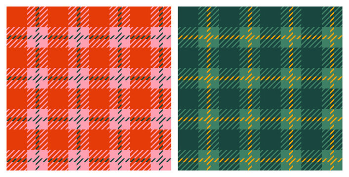 Abstract modern seamless classic Christmas plaid patterns set, traditional multicolored festive geometric tartan backgrounds in red and green colors, simple vector illustration in a flat style.