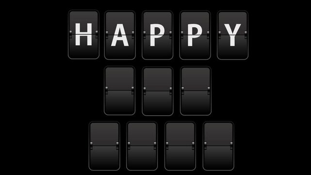 Flip text animation of a board showing the word happy new year with transparent background video & looping alpha channel.