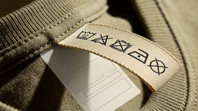 Shifting light and focus revealing care label plus sticker on ribbed collar, to show stitches