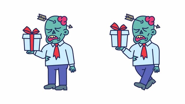 Businessman zombie holds gift box and walks. Transparent background