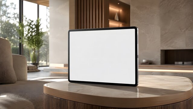 Tablet computer displaying blank screen on modern coffee table in sunlit living room with soft focus background