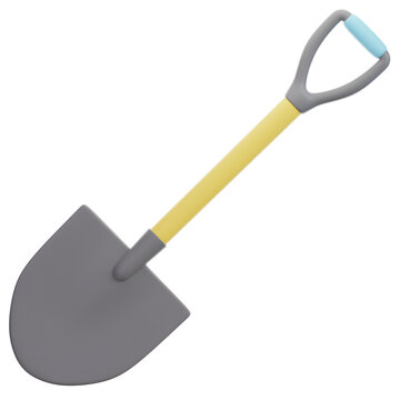 A modern, cute 3D rendered gardening shovel with a grey blade, yellow shaft, and blue D-handle grip, ideal for planting, digging, and cultivating in a greenhouse setting.