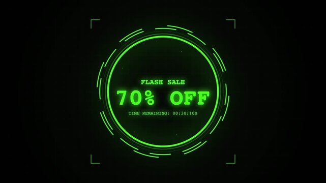 Futuristic Flash Sale Seventy Percent Off HUD Interface Neon Green Animation Motion Graphic Loop