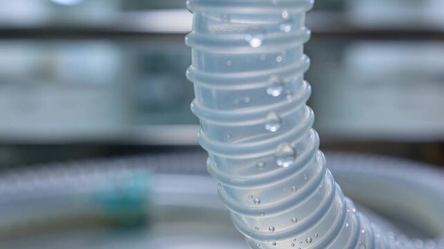Pulling camera showing corrugated ventilator tube descending at prep area, revealing water beads