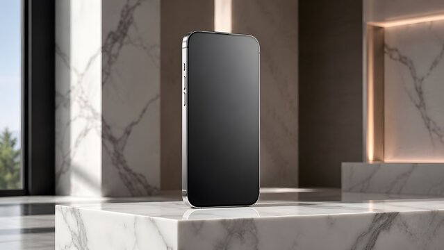 Sleek smartphone resting on marble surface with soft studio lighting and modern architectural background