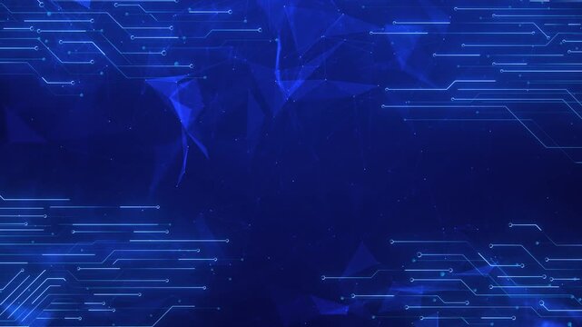 Blue polygonal electronic pathways open center. machine learning, secure networks, digital transformation, financial technology, global research presentations, software demos, modern corporate titles.