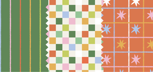 Plakat Vector seamless Christmas pattern with hand-drawn holiday elements and textures. Geometric shapes, stars and checked ornament in festive color palette. Winter holiday backgrounds for greetings.