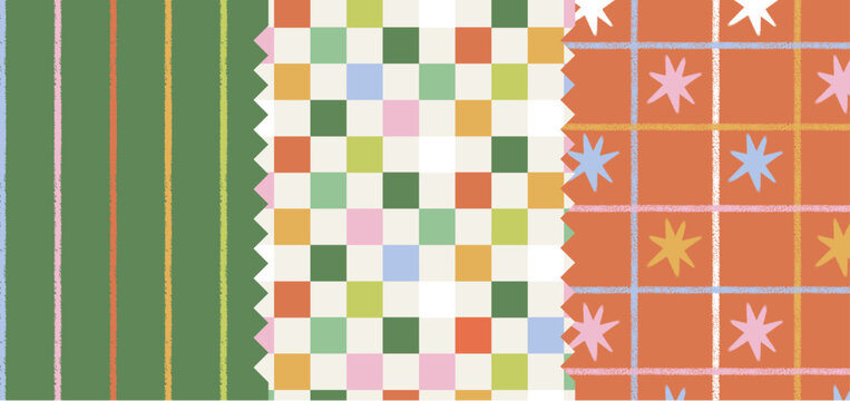 Vector seamless Christmas pattern with hand-drawn holiday elements and textures. Geometric shapes, stars and checked ornament in festive color palette. Winter holiday backgrounds for greetings.