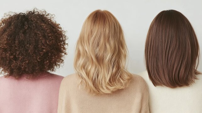 Diverse hairstyles showcase: curly, wavy, and straight hair from the back