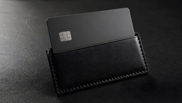 Sleek black credit card with chip inside a leather cardholder against a dark textured background with soft studio lighting